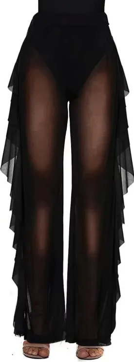 Willow Dance Women's Perspective Sheer Mesh Ruffle Pants Swimsuit Bikini Bottom Cover up Pants
