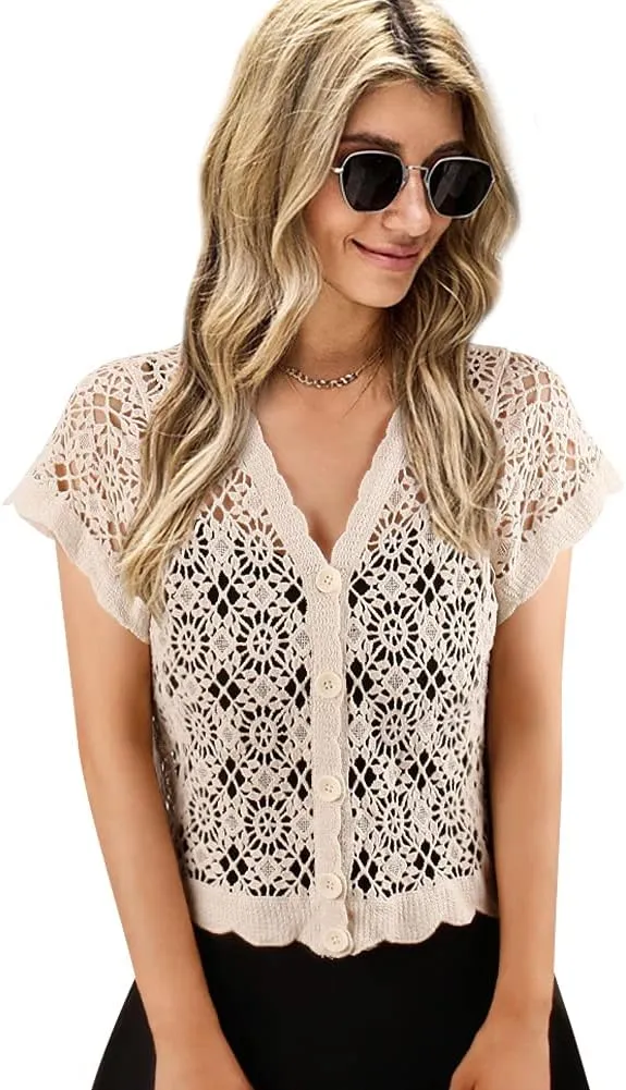Women Cardigan Hollow Out Floral Cardigans White Crochet Shrugs