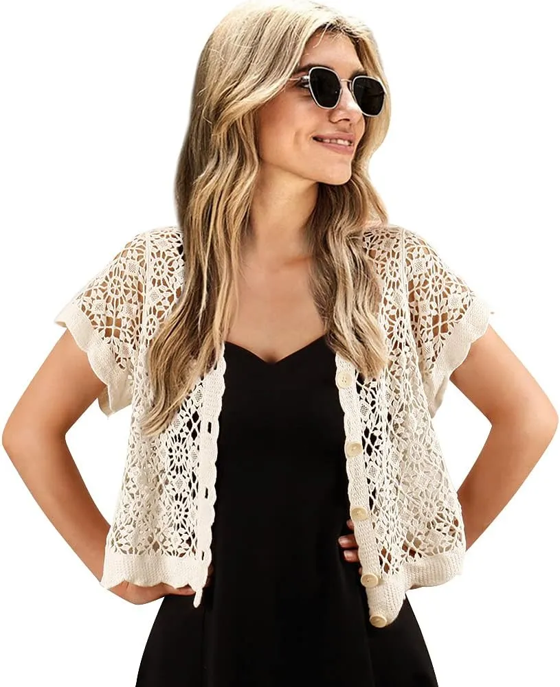 Women Cardigan Hollow Out Floral Cardigans White Crochet Shrugs