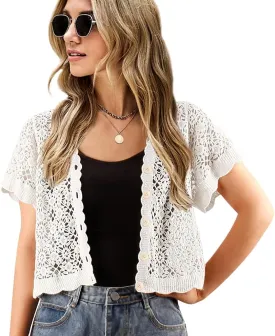 Women Cardigan Hollow Out Floral Cardigans White Crochet Shrugs