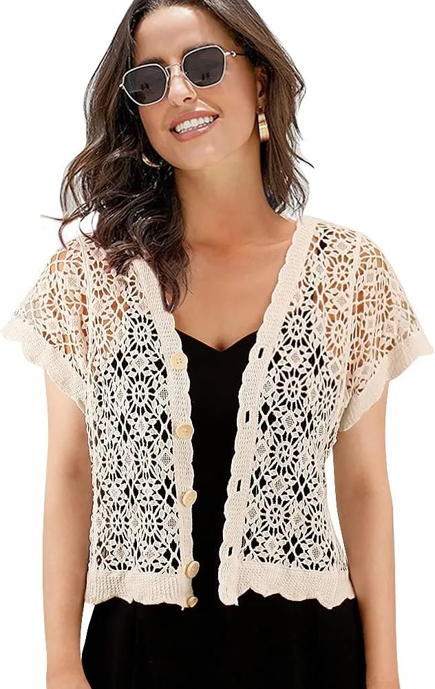 Women Cardigan Hollow Out Floral Cardigans White Crochet Shrugs
