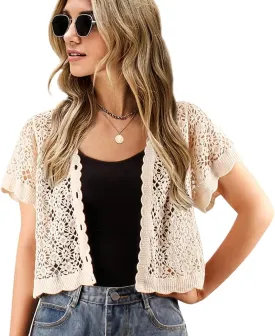 Women Cardigan Hollow Out Floral Cardigans White Crochet Shrugs