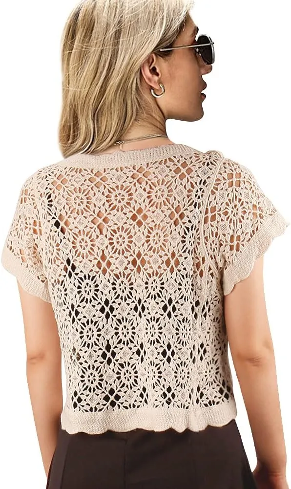 Women Cardigan Hollow Out Floral Cardigans White Crochet Shrugs