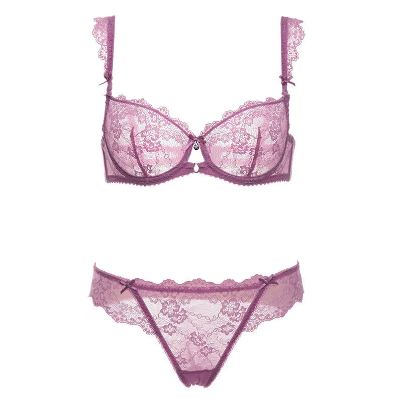 Women lace transparent big breast underwear women's summer stock steel ring ultra-thin breathable large size bra set