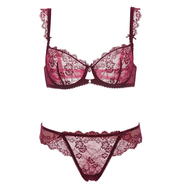 Women lace transparent big breast underwear women's summer stock steel ring ultra-thin breathable large size bra set