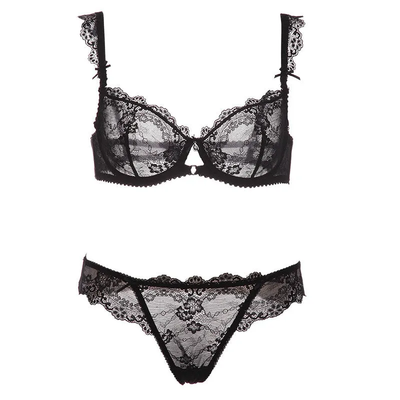 Women lace transparent big breast underwear women's summer stock steel ring ultra-thin breathable large size bra set