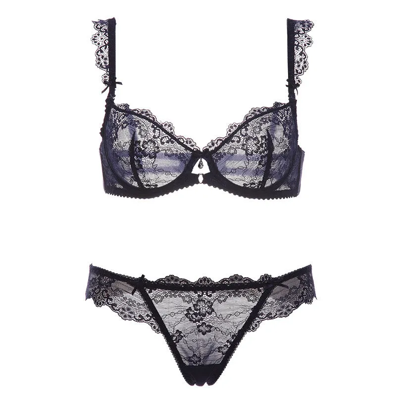 Women lace transparent big breast underwear women's summer stock steel ring ultra-thin breathable large size bra set