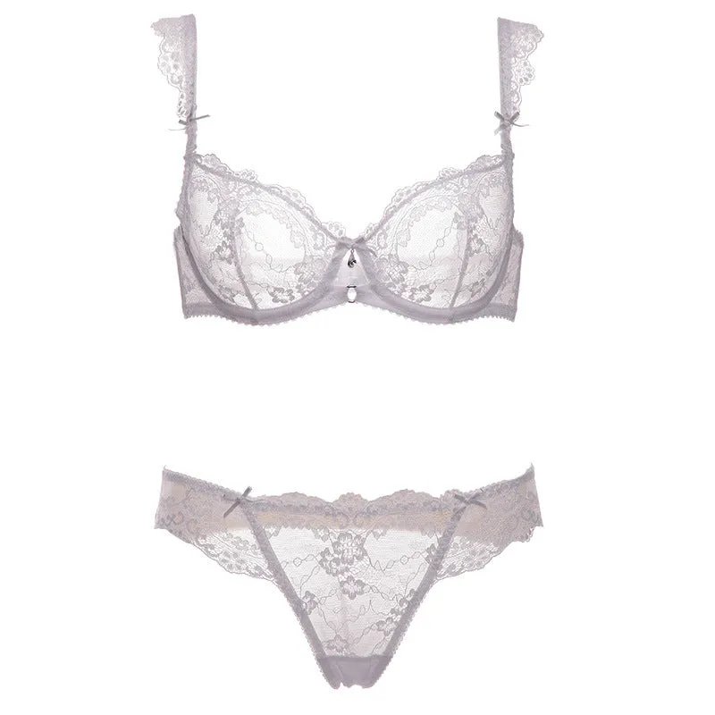 Women lace transparent big breast underwear women's summer stock steel ring ultra-thin breathable large size bra set