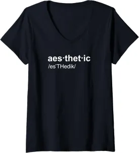 Womens Aesthetic Word Dictionary Style Lettering Print Minimalist V-Neck T-Shirt