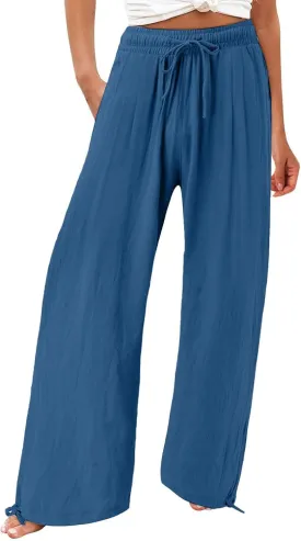 Women's Linen Summer Palazzo Pant Flowy Wide Leg Beach Pants High Waist Work Trouser with Pocket