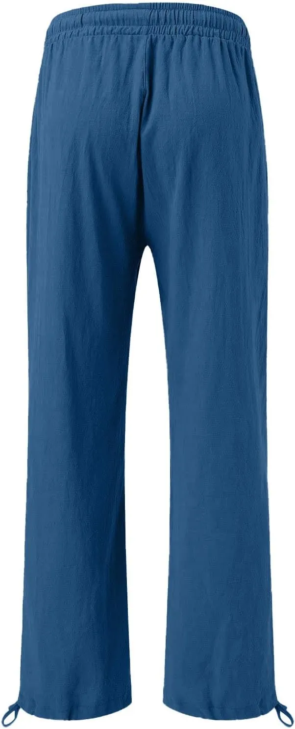 Women's Linen Summer Palazzo Pant Flowy Wide Leg Beach Pants High Waist Work Trouser with Pocket