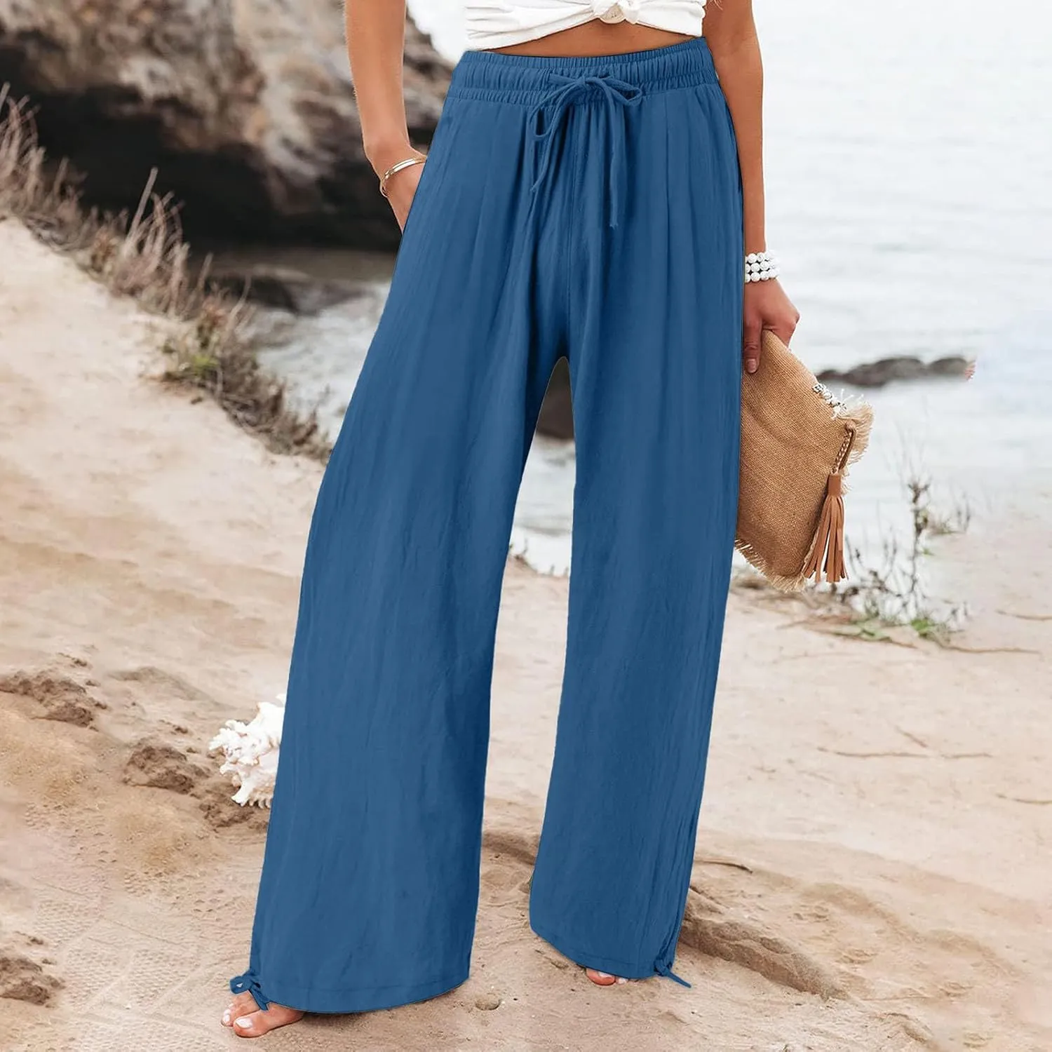 Women's Linen Summer Palazzo Pant Flowy Wide Leg Beach Pants High Waist Work Trouser with Pocket