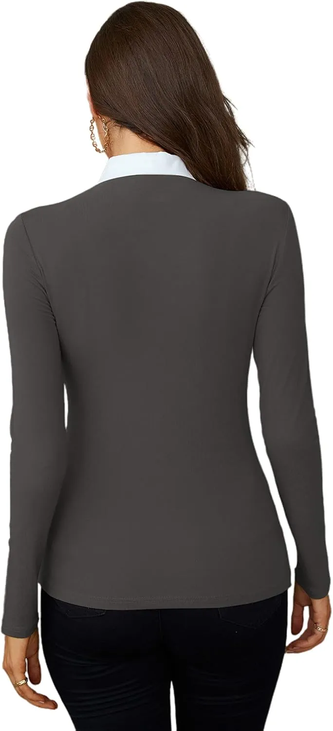 WOSALBA Womens Polo Shirts Fall Clothes for Women Lapel Collared V Neck Long Sleeve Tee Shirt