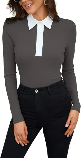WOSALBA Womens Polo Shirts Fall Clothes for Women Lapel Collared V Neck Long Sleeve Tee Shirt