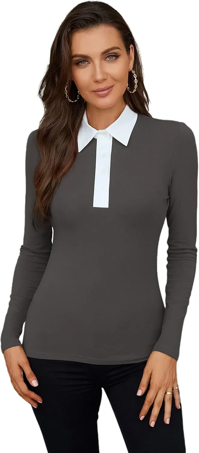 WOSALBA Womens Polo Shirts Fall Clothes for Women Lapel Collared V Neck Long Sleeve Tee Shirt