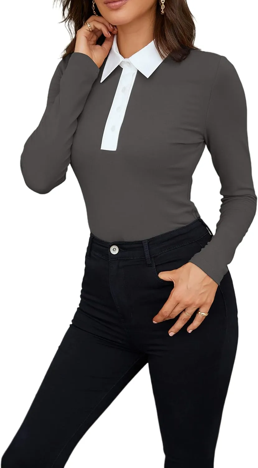 WOSALBA Womens Polo Shirts Fall Clothes for Women Lapel Collared V Neck Long Sleeve Tee Shirt