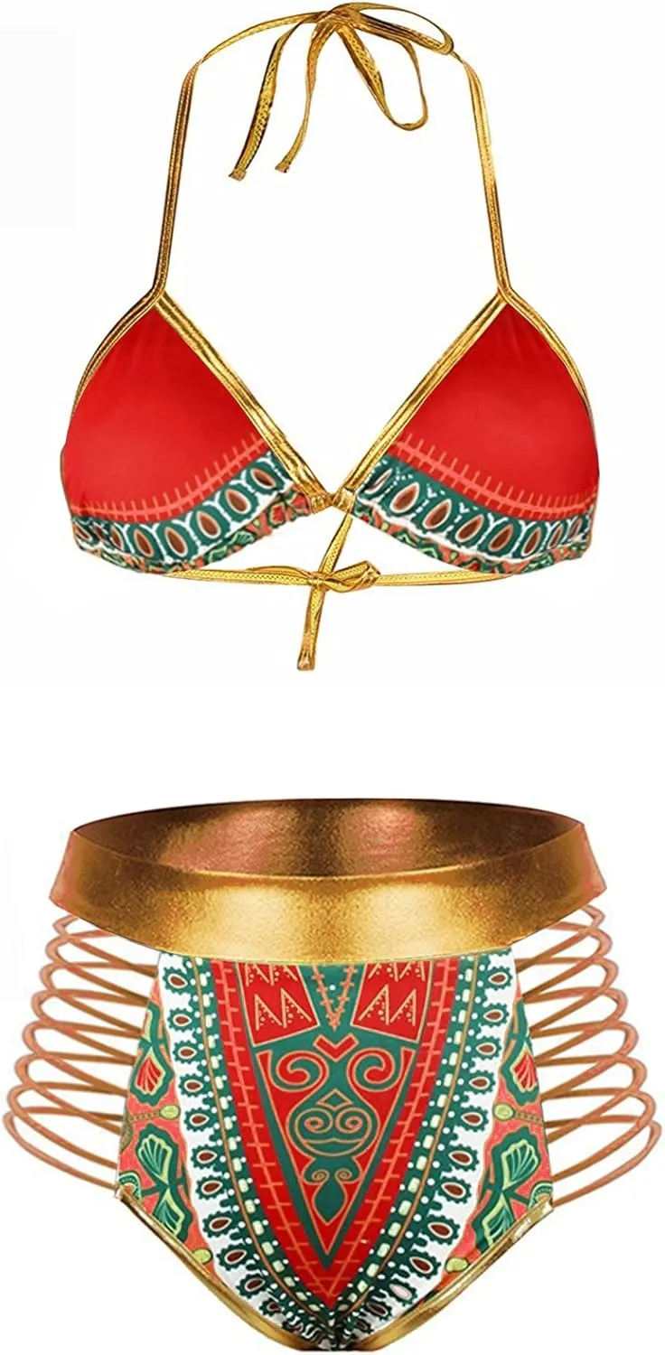 Zando Women Tribal Print Bikini African Metallic Swimsuit Two Piece Beachwear Cutout Halter Neck Bathing Suit Swimwear